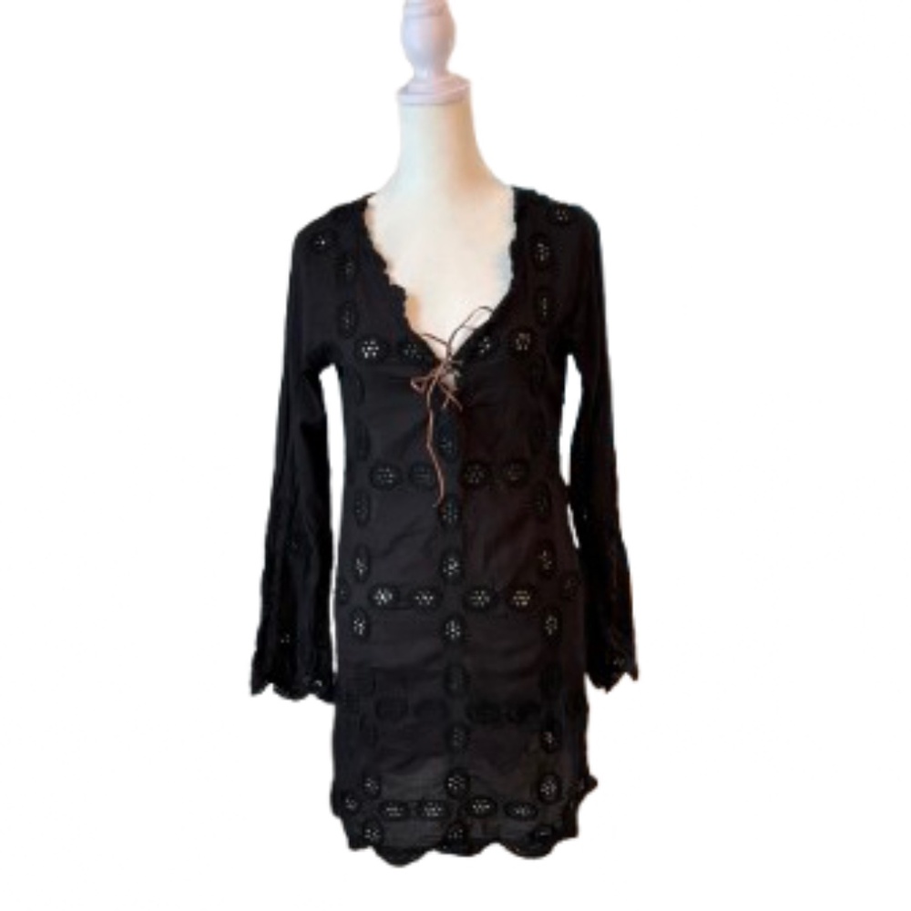 Letarte Black Eyelet Lace-Up Cover-Up Dress – Size Small